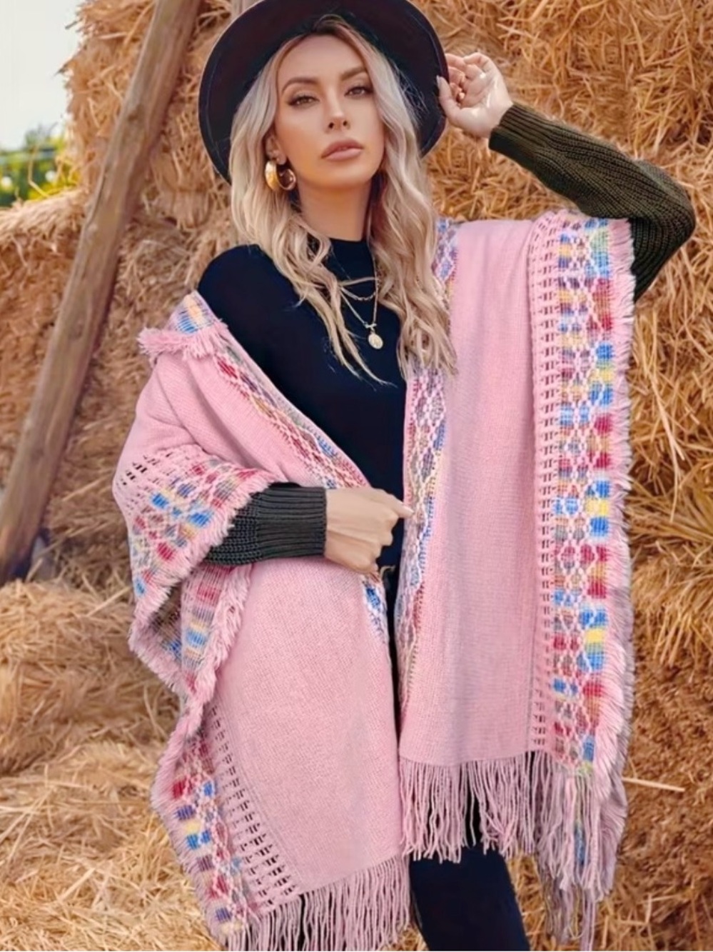 Pink Fringe Border Women's Shawl Wrap - Classic Cozy Layer